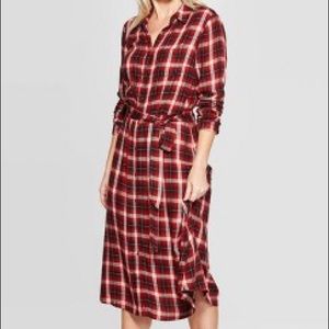 Plaid Long Sleeve Midi Shirtdress